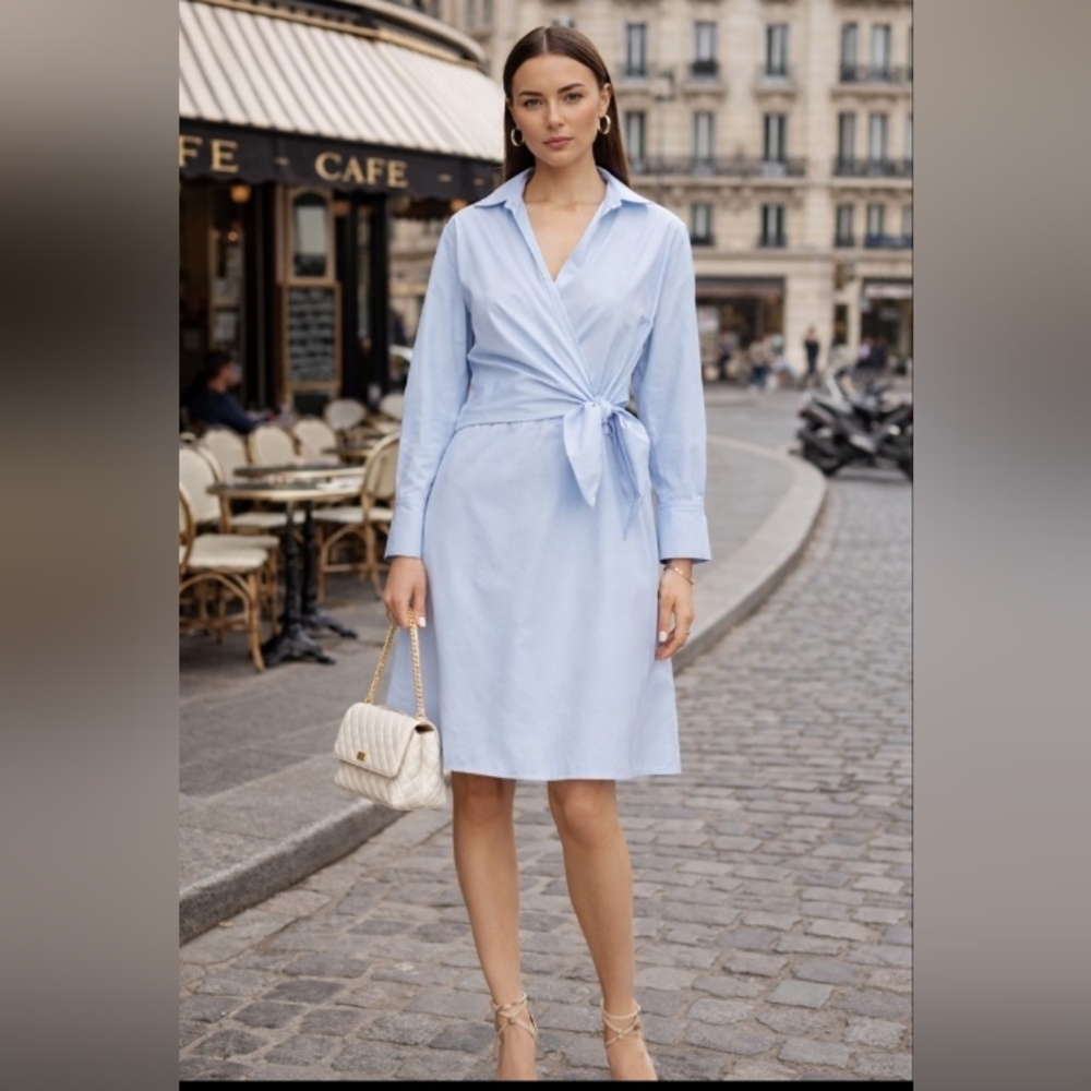 Vince Light Blue Cotton Long Sleeve Wrap Shirt Dress Size 12